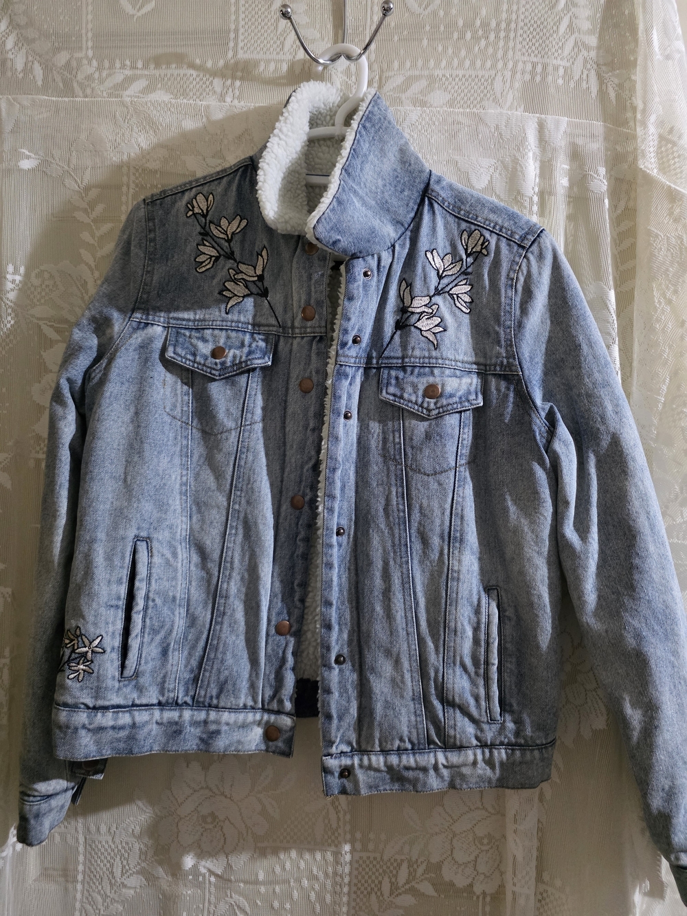 Olivaceous Light Blue Embroidered Sherpa-Lined Denim Jacket